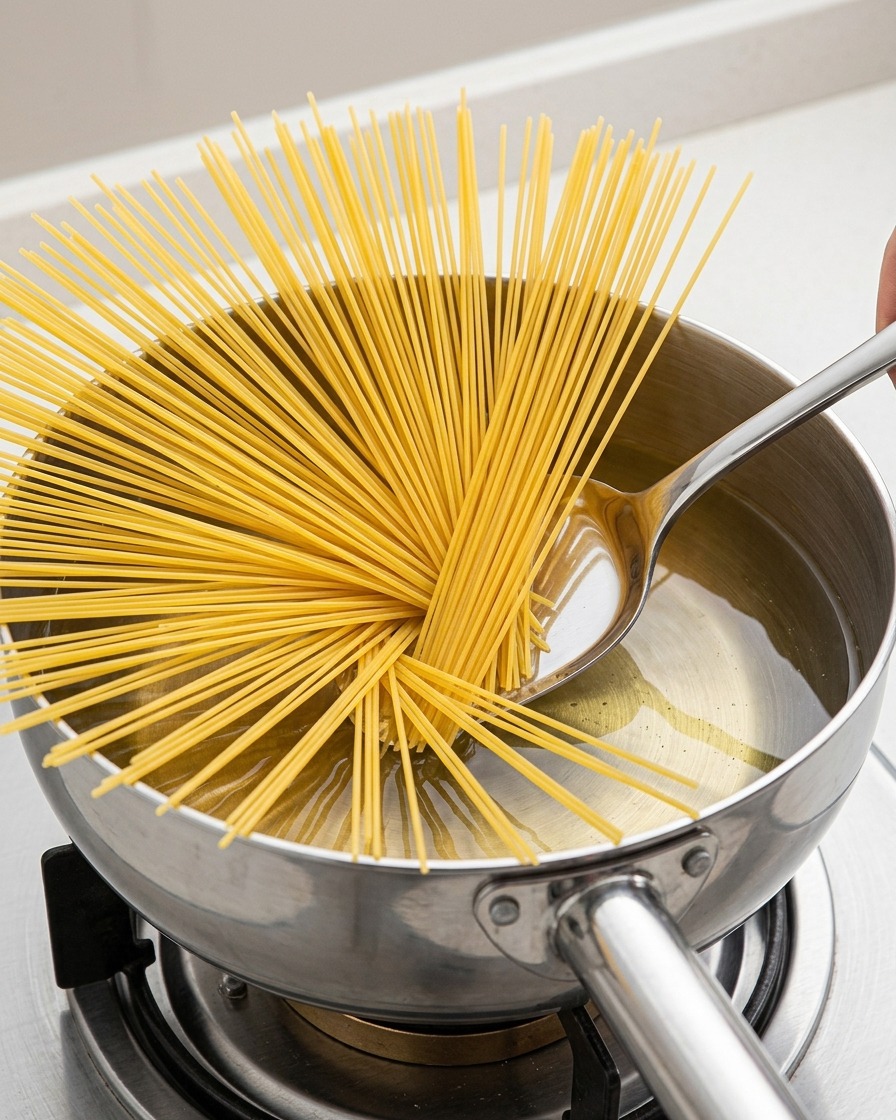 Un mazzo di spaghetti secchi che si apre a ventaglio mentre viene immerso in una pentola dacciaio con acqua bollente.