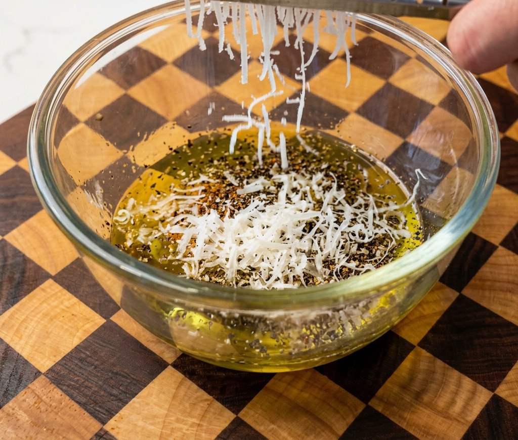 Pecorino Romano grattugiato finemente che cade da una grattugia di metallo in una ciotola con uova condite.