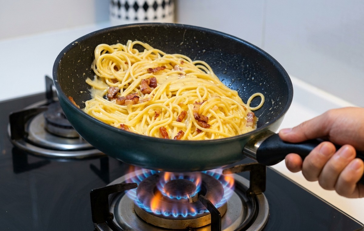Sollevare e saltare una padella contenente spaghetti e guanciale croccante sopra una fiamma a gas blu.