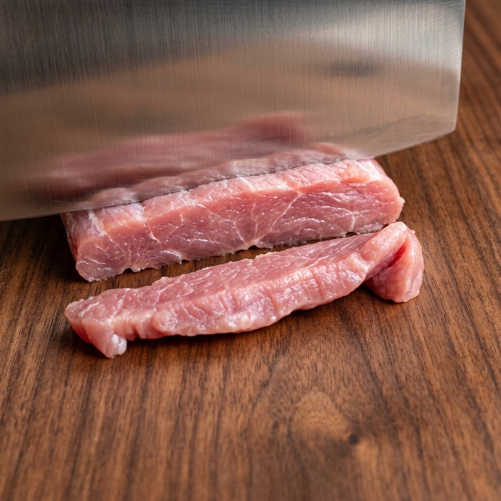 Primo piano di una mannaia in acciaio inox che taglia a strisce sottili un filetto di maiale crudo su un tagliere di legno.