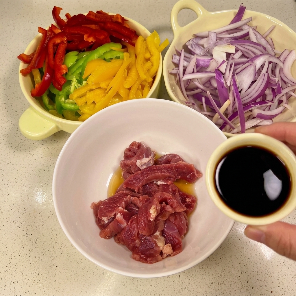 Una mano versa la salsa di soia scura da una ciotolina in una ciotola bianca con straccetti di maiale crudi, con verdure tagliate sullo sfondo.