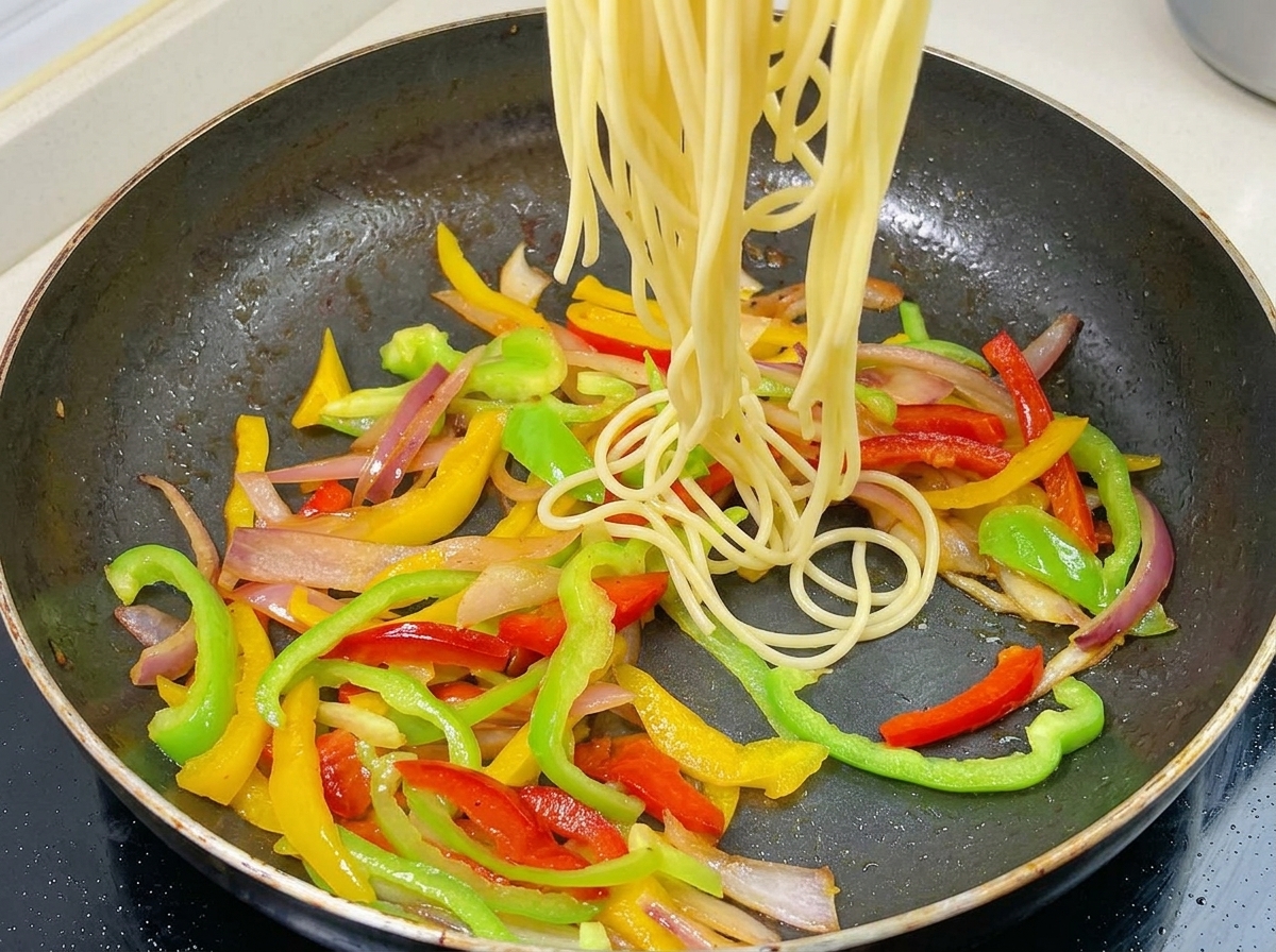 Spaghetti cotti e scolati aggiunti nella padella colma di peperoni rossi, gialli, verdi e cipolle saltate.
