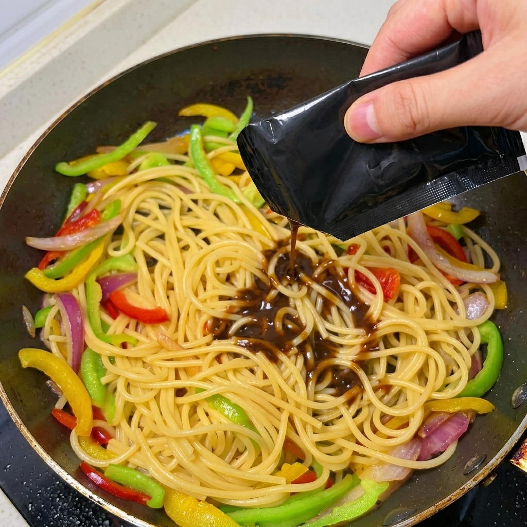 Una mano versa la densa salsa al pepe nero da una confezione sugli spaghetti e i peperoni colorati nella padella calda.