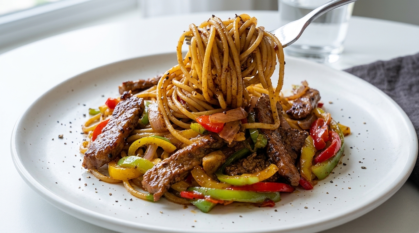 Spaghetti Saltati con Filetto di Maiale al Pepe Nero
