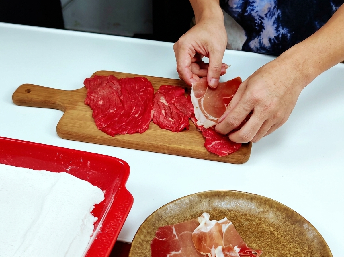 Mani che adagiano fette sottili di prosciutto crudo sopra le scaloppine di vitello.
