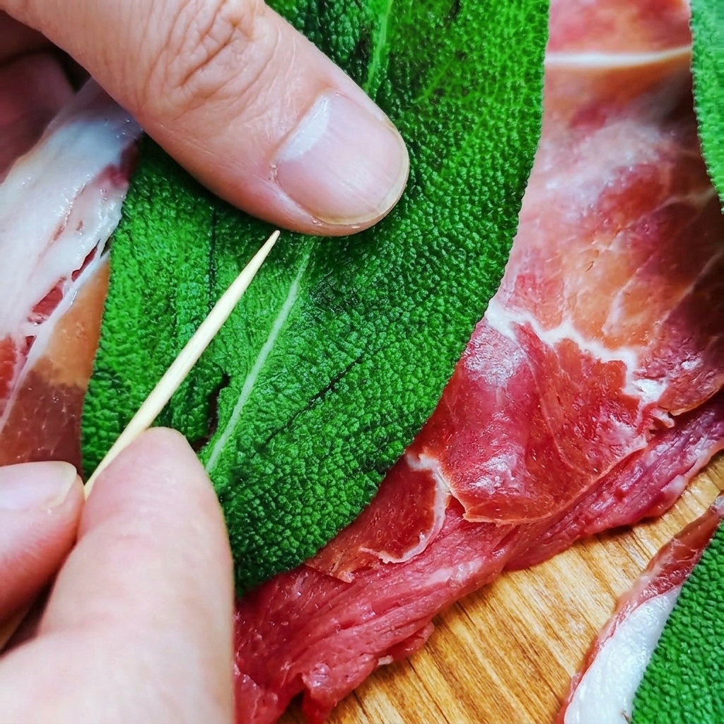 Dettaglio di uno stuzzicadenti in legno che infilza la foglia di salvia, il prosciutto e il vitello.