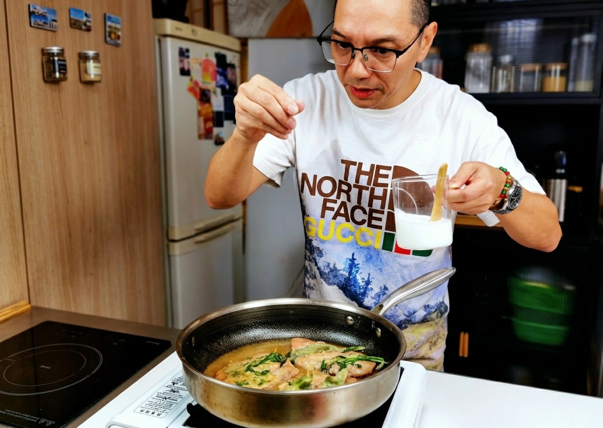 Uno chef che spolvera un pizzico di sale sui saltimbocca che sfrigolano in padella.