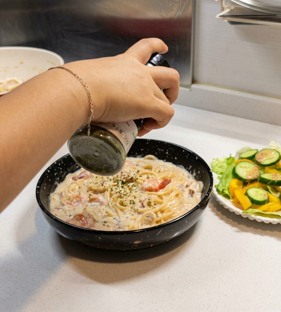 Una mano che scuote un dosatore di spezie per spolverare prezzemolo secco su un piatto pronto di pasta cremosa.