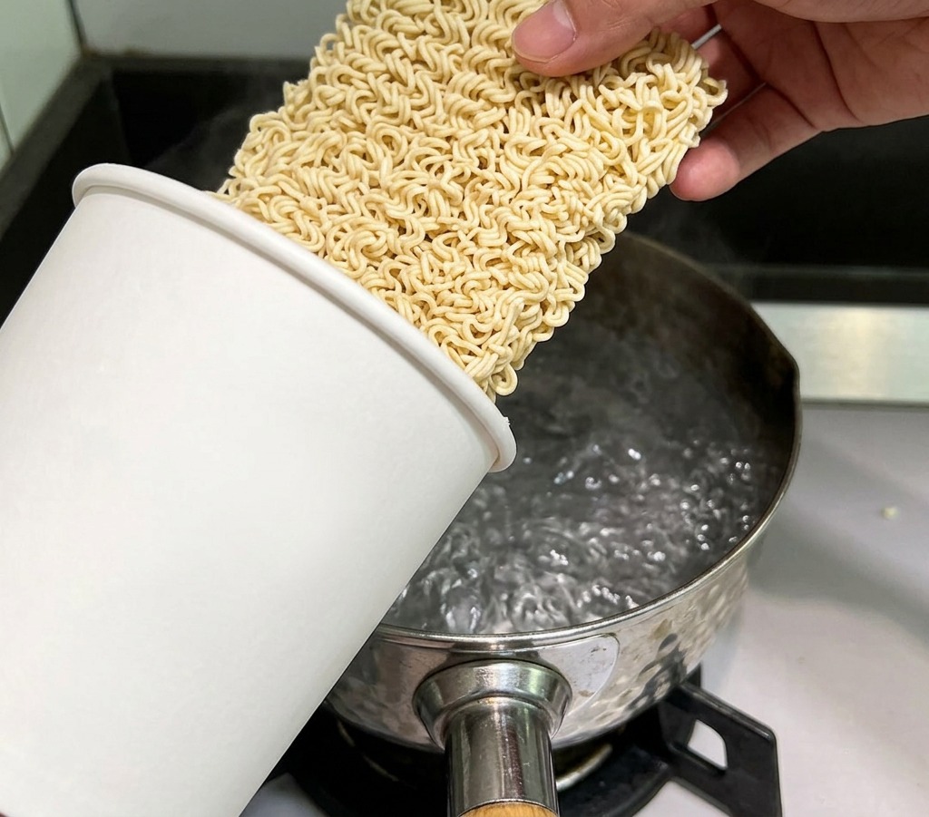 Un panetto di ramen istantaneo secco che viene immerso in una pentola dacciaio con acqua bollente