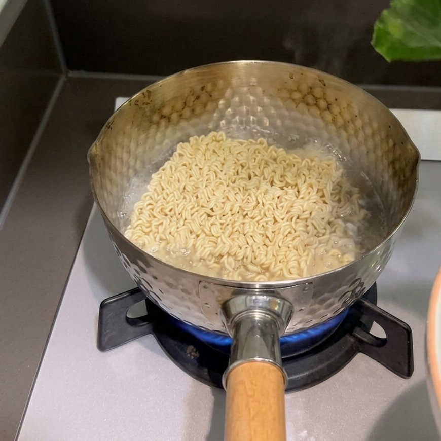 Una mano che adagia foglie verdi di spinaci freschi sopra il ramen in cottura nella pentola.