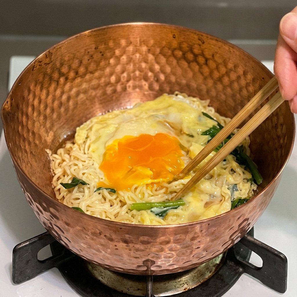 Formaggio fuso e uovo in camicia sopra un letto di noodles e spinaci in una pentola, mescolati con le bacchette.