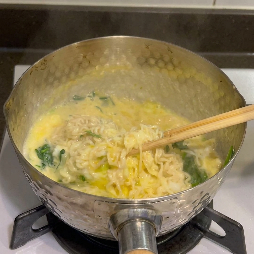 Un primo piano di noodles cremosi al formaggio e spinaci nella pentola, conditi con una spolverata di pepe nero.