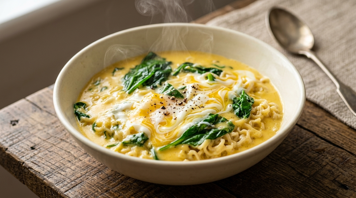 Ramen Istantaneo Cremoso al Formaggio con Spinaci e Uovo