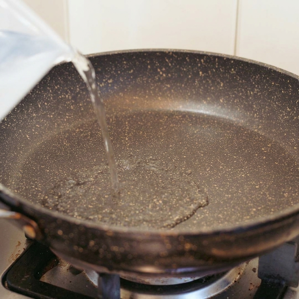 Acqua che viene versata da una brocca in una padella antiaderente scura posizionata su un fornello a gas.