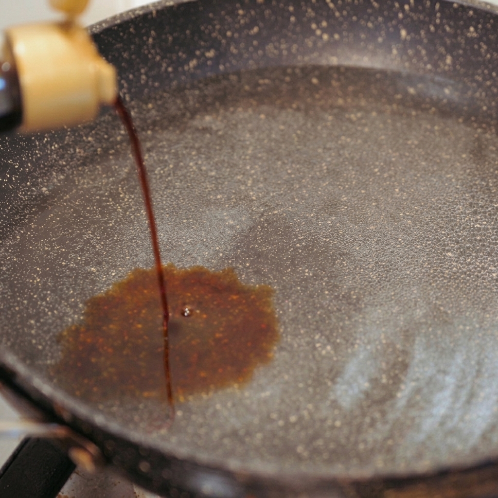 Salsa di soia scura versata da una bottiglia con tappo dorato nella padella con acqua, creando una sfumatura intensa.