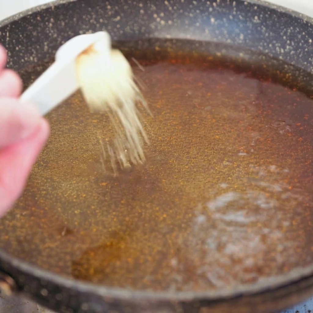 Una mano che adagia gli spaghetti integrali crudi e un cucchiaino di brodo granulare nella padella con il liquido saporito.