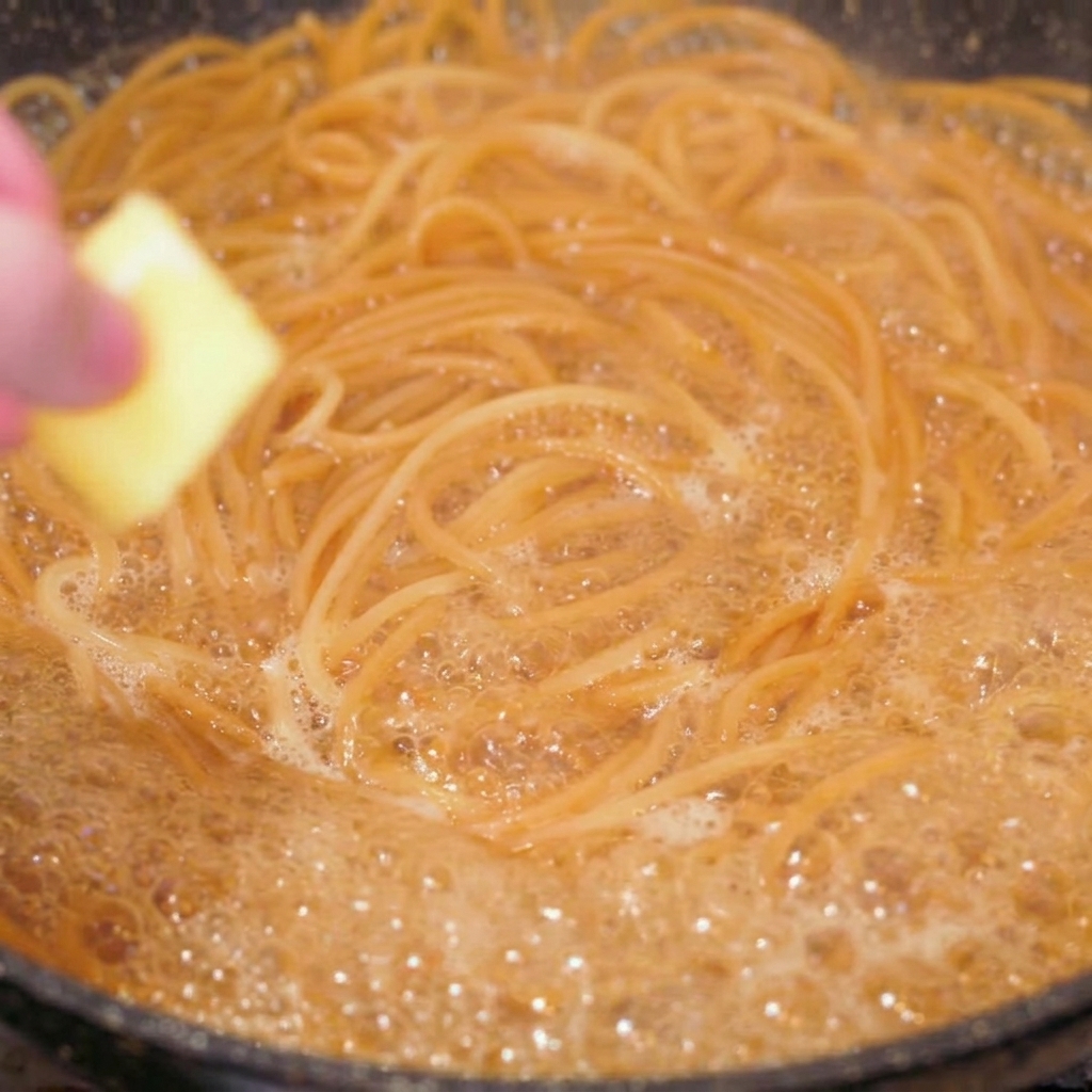 Dettaglio degli spaghetti integrali cotti in padella mentre una mano lascia cadere un cubetto di burro giallo al centro.