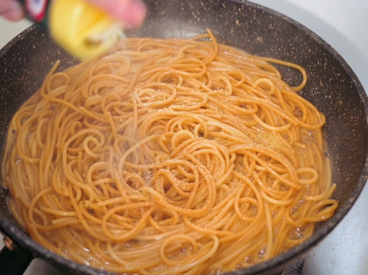 Formaggio grattugiato giallo chiaro che viene fatto cadere da un contenitore sugli spaghetti pronti nella padella scura.