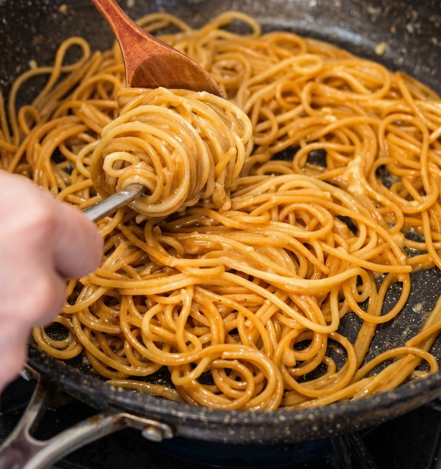Inquadratura ravvicinata di un cucchiaio di legno e una forchetta usati per arrotolare una porzione di spaghetti cremosi direttamente in padella.