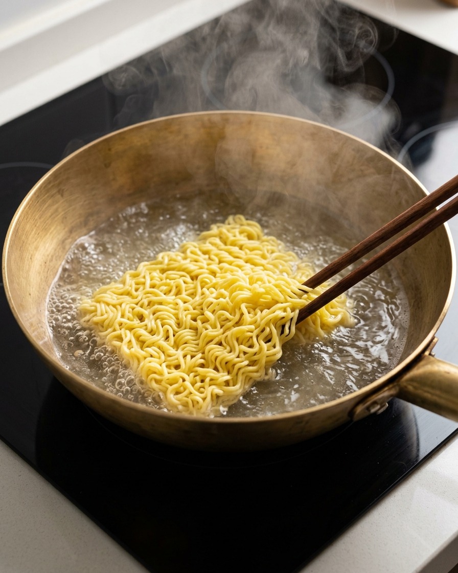 Un panetto di noodles di grano gialli immerso in una pentola di acqua boiling usando delle bacchette di legno.