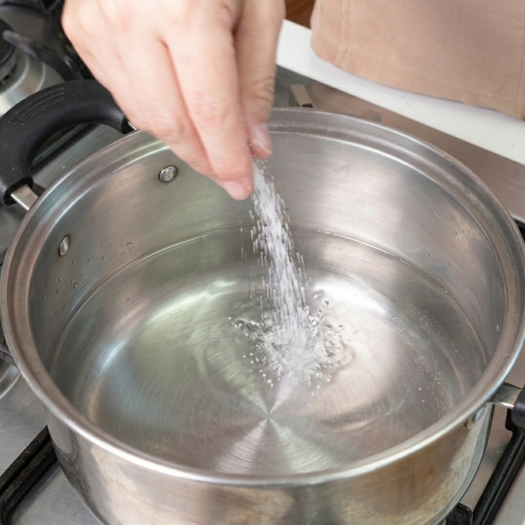 Una mano che versa una manciata di sale bianco in una pentola di acciaio con acqua che bolle vigorosamente.