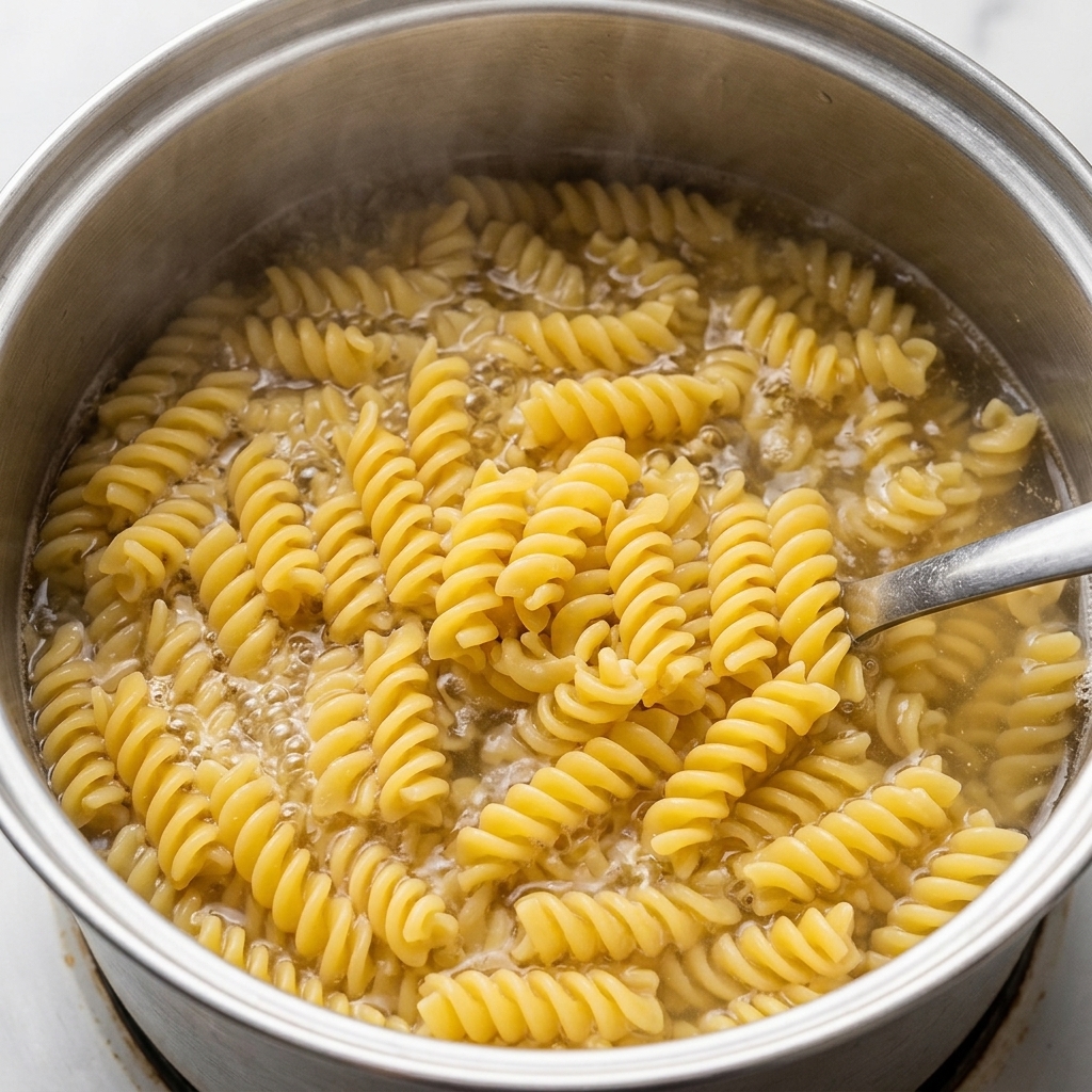 Una schiumarola di metallo che solleva i fusilli cotti da una pentola di acqua bollente.