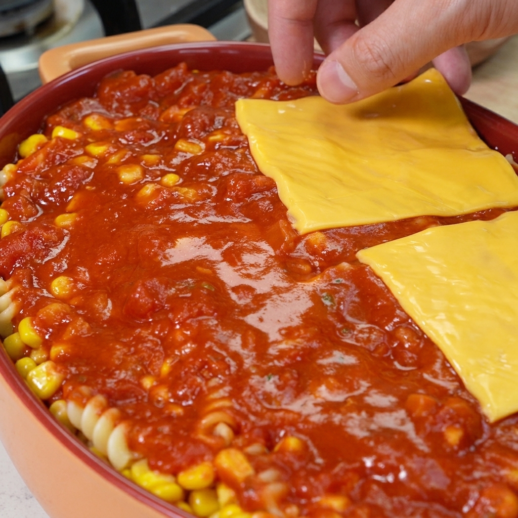 Una mano che posiziona fette quadrate di cheddar giallo su un ricco strato di sugo rosso in una pirofila.
