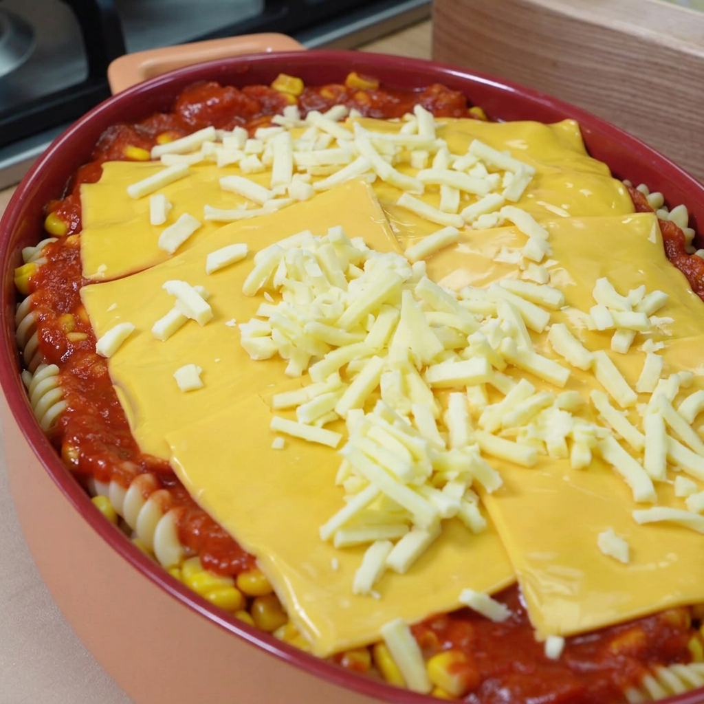 Una pirofila piena di pasta e sugo, coperta da fette di cheddar giallo e un fitto strato di mozzarella bianca grattugiata.