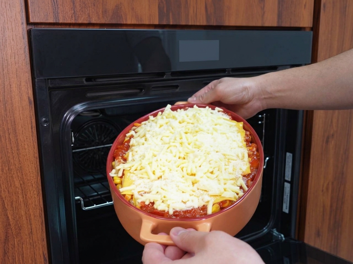 Due mani che inseriscono con cura una pirofila in ceramica con pasta e formaggi stratificati in un forno buio e preriscaldato.