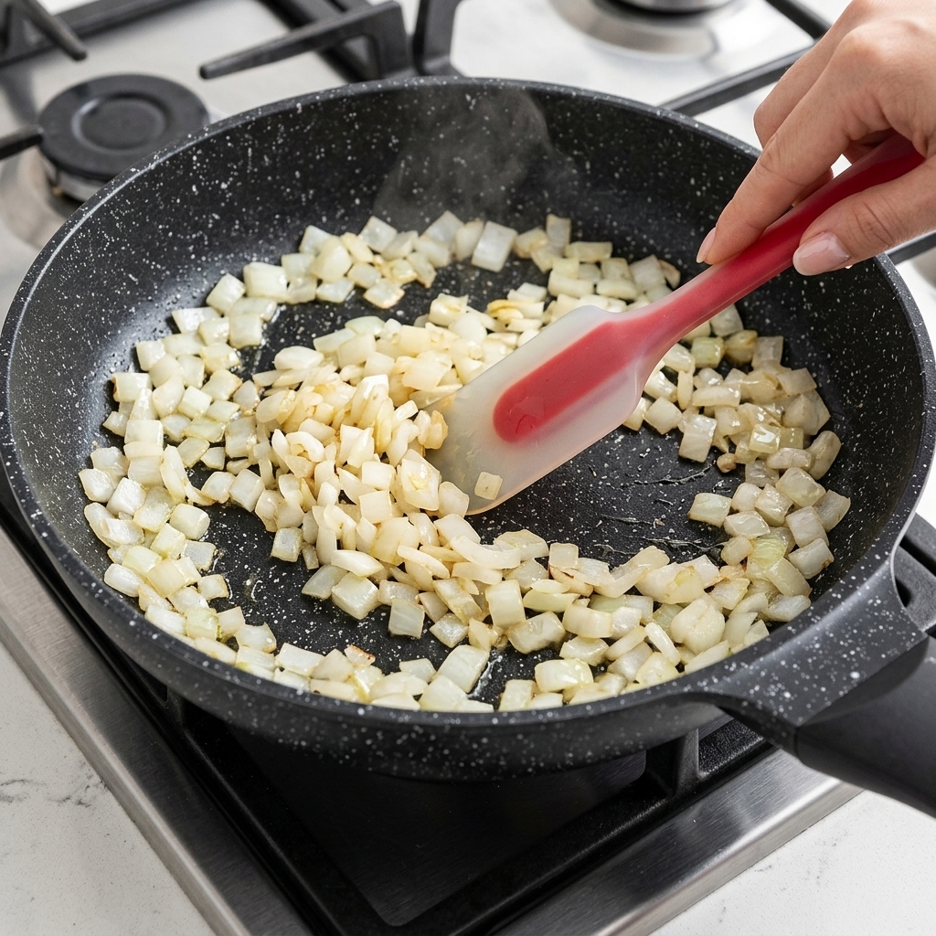 Cipolla a cubetti mescolata con una spatola rossa in una padella antiaderente nera su un fornello a gas.