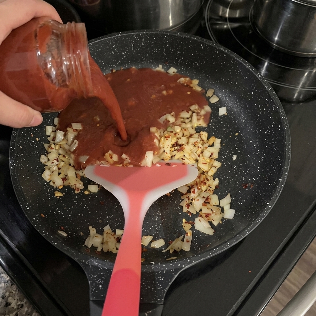 Una mano che versa la salsa di pomodoro rossa da un barattolo di vetro in una padella con cipolle soffritte e peperoncino.