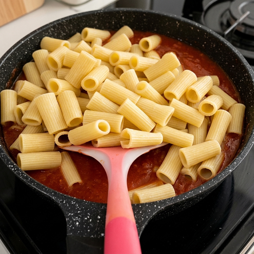 Rigatoni cotti e scolati accumulati sopra la salsa di pomodoro rossa in una padella nera, pronti per essere saltati.
