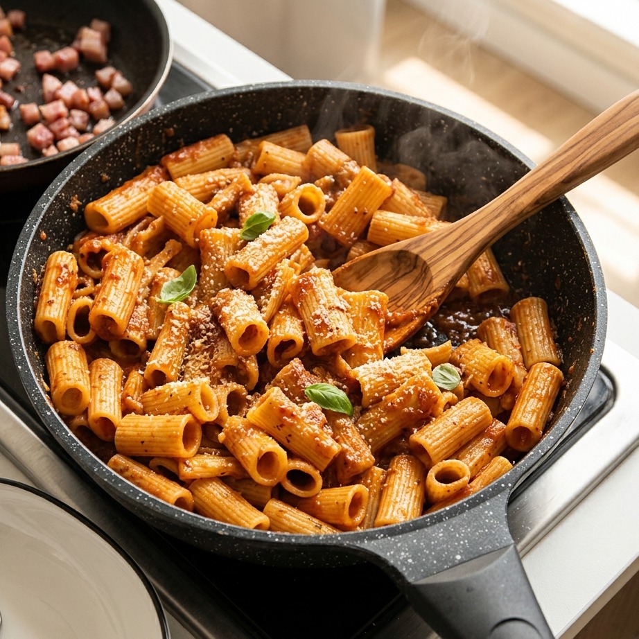 Un cucchiaio di legno che mescola e salta i rigatoni in un denso sugo di pomodoro allinterno di una padella nera da cui sale del vapore.