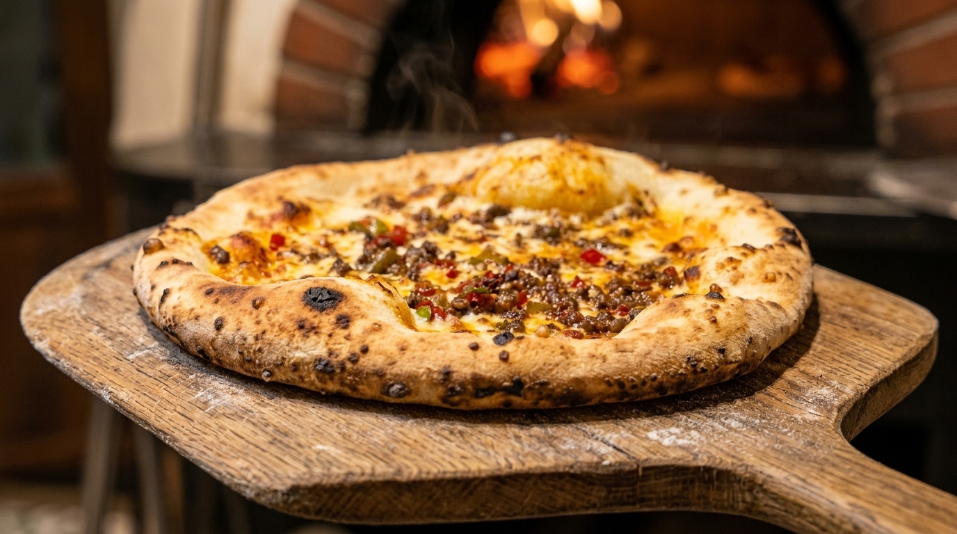 Pizza napoletana a impasto diretto con condimento di carne saporito