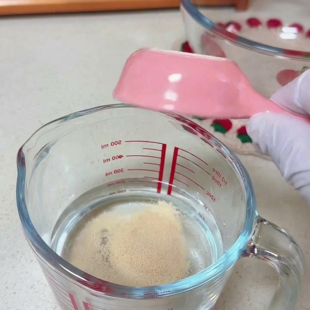 Una persona con un guanto bianco mescola il lievito di birra secco in un misuratore di vetro pieno dacqua usando un cucchiaio di plastica rosa.