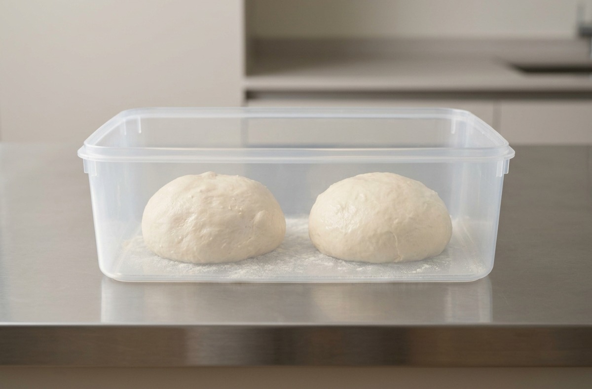 Due panetti di impasto lisci e bianchi riposano distanziati in un grande contenitore di plastica rettangolare per lievitazione su un bancone dacciaio.