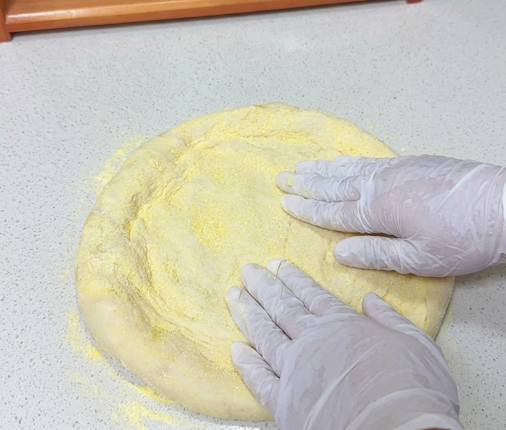 Mani con guanti bianchi che premono su un panetto rotondo di impasto coperto di farina di mais gialla su un piano di lavoro chiaro.