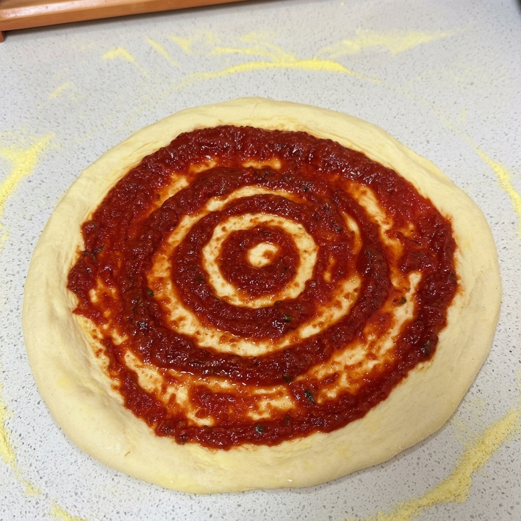 Una base circolare di pizza sul bancone coperta da uno strato uniforme di salsa di pomodoro rossa stesa con movimenti concentrici.