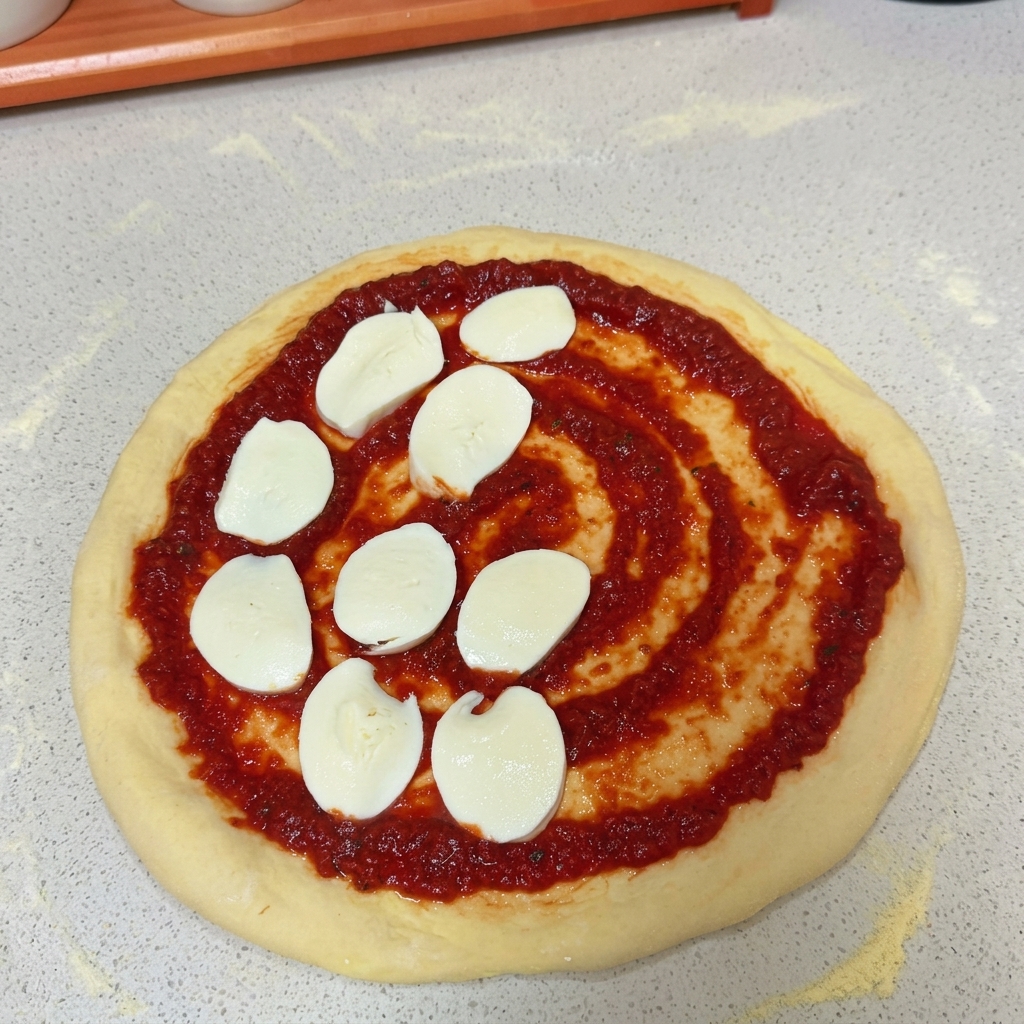 Fette di mozzarella bianca fresca disposte sopra la base di pizza già coperta di salsa di pomodoro rossa.