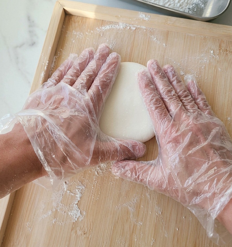 Mani che premono il centro di un panetto di pizza chiaro su una spianatoia di legno.