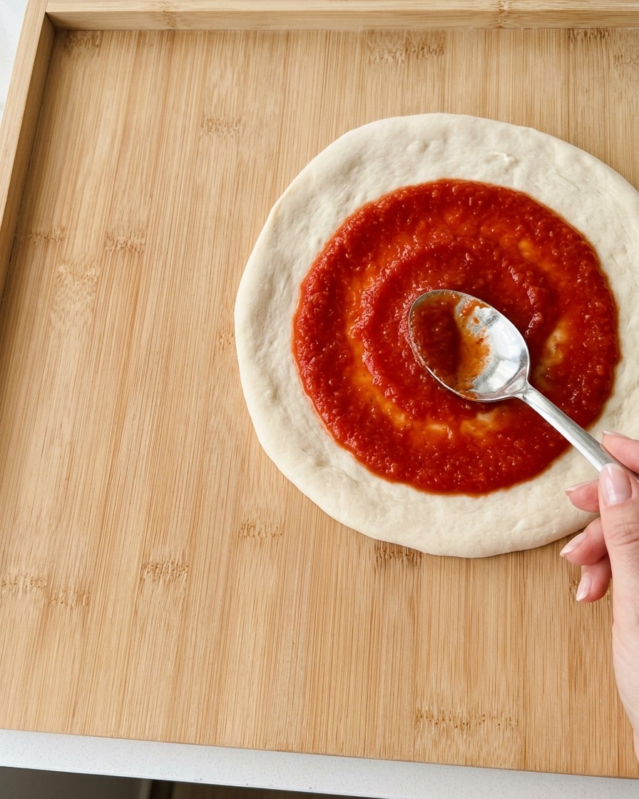 Un cucchiaio di metallo che distribuisce la salsa di pomodoro rosso vivo con un movimento a spirale sulla base della pizza.