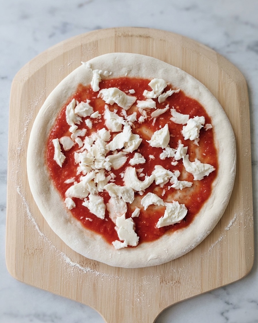 Pezzi di mozzarella distribuiti sulla salsa di pomodoro su una base pizza pronta sul palino di legno.