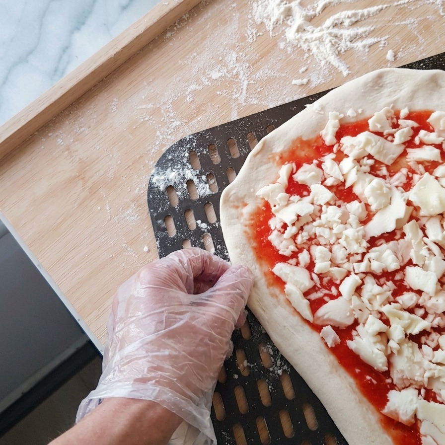 Una mano che sistema il bordo della pizza grezza mentre viene fatta scivolare su una pala metallica forata.