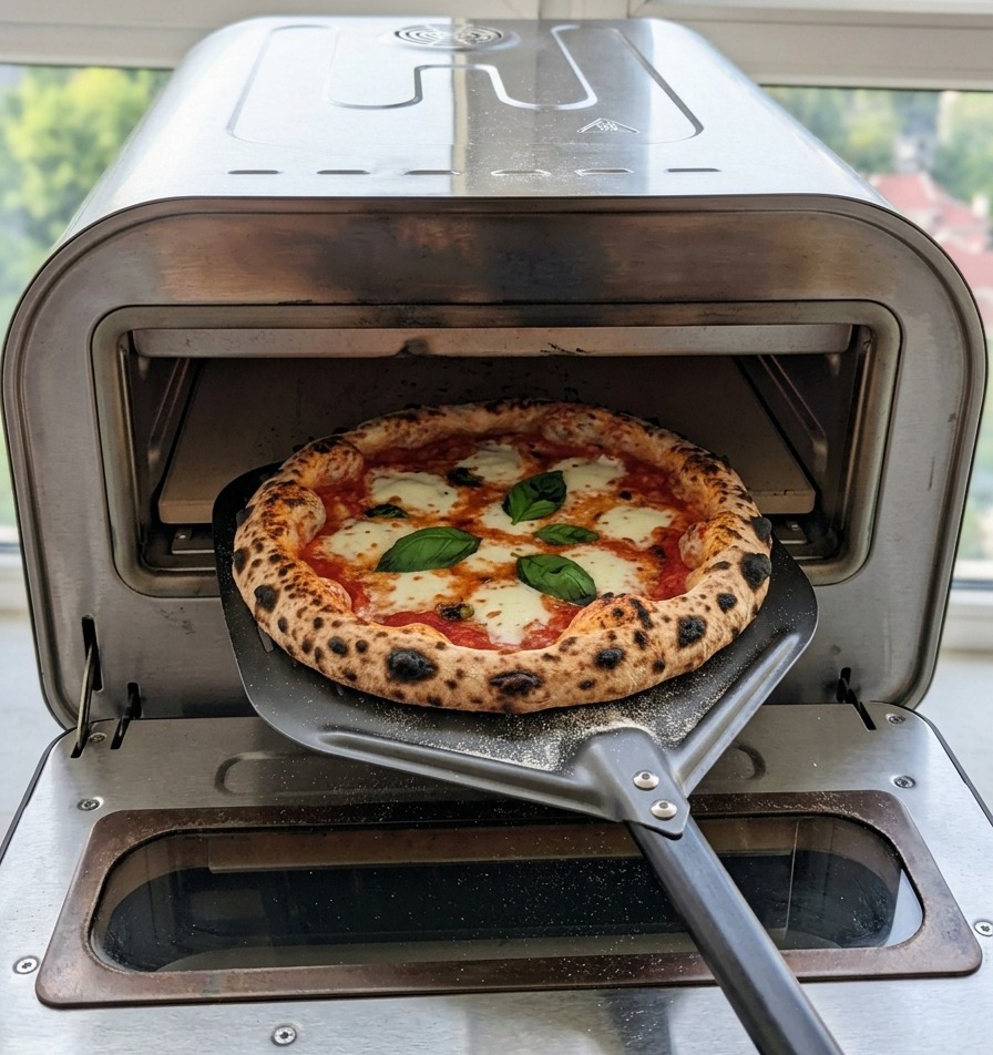 Una pizza appena sfornata con cornicione maculato e mozzarella fusa prelevata da un forno portatile in acciaio.