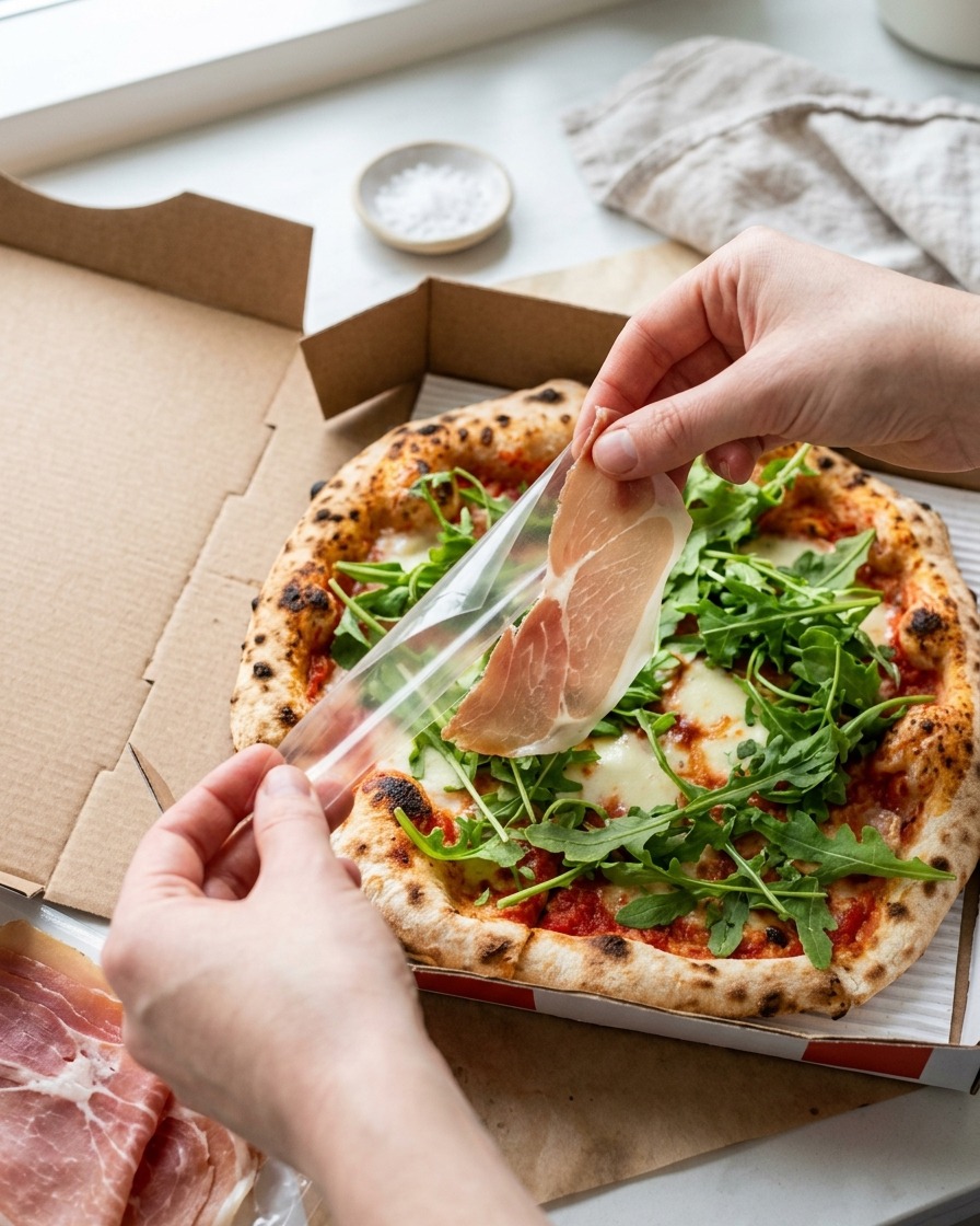 Primo piano di una mano che adagia una fetta sottile di prosciutto crudo sopra la rucola sulla pizza.