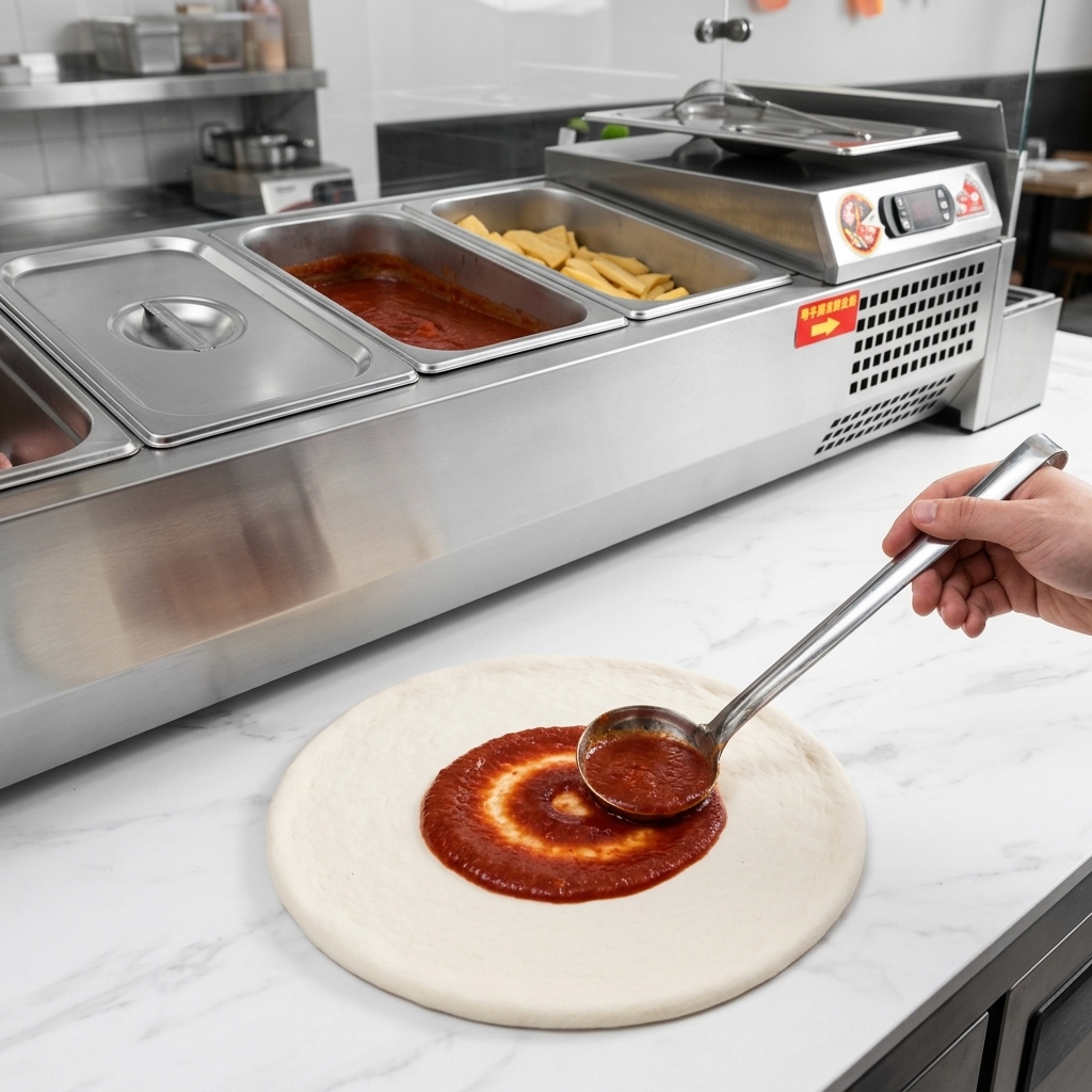Una mano che usa un mestolo in acciaio inossidabile per stendere la passata di pomodoro con un movimento circolare sullimpasto della pizza.