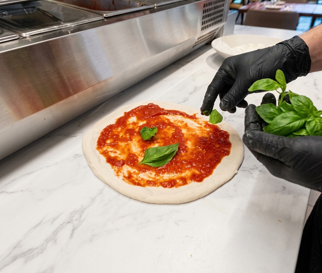 Una persona con guanti neri che posiziona foglie di basilico fresco sulla base della pizza già coperta di salsa di pomodoro.