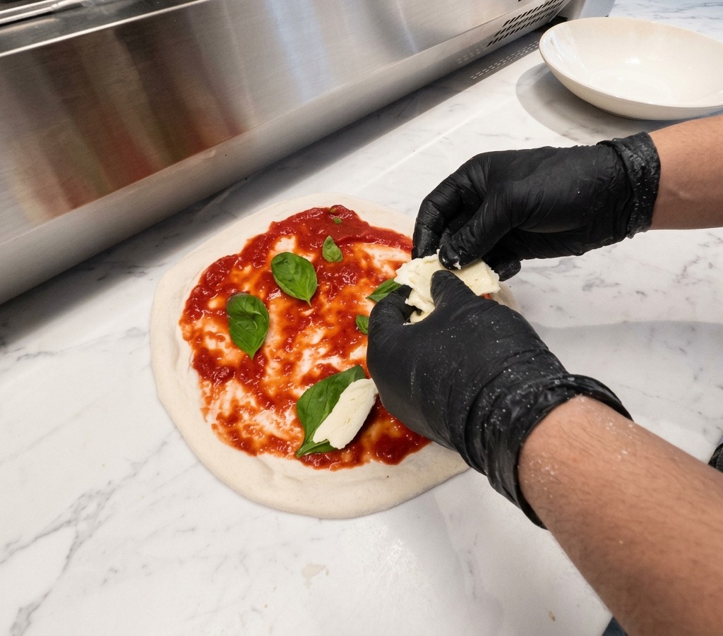 Mani con guanti che sfilacciano e distribuiscono mozzarella fresca sulla base della pizza condita con pomodoro e basilico.