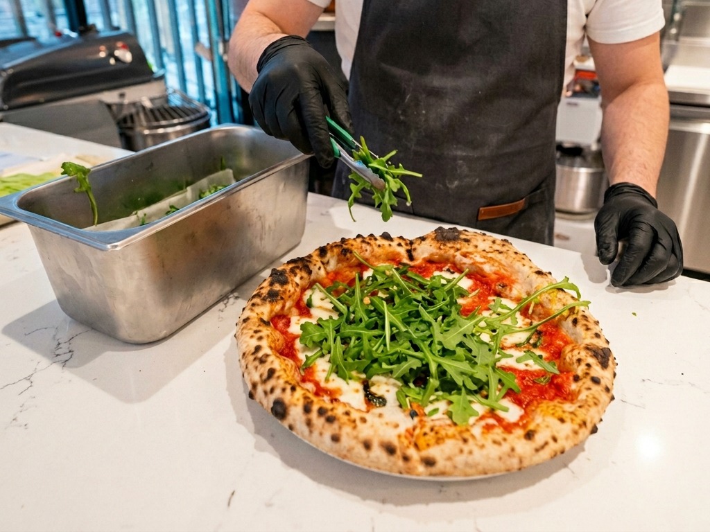 Uno chef che usa pinze verdi per disporre una manciata di rucola fresca su una pizza appena sfornata dal cornicione perfettamente maculato.