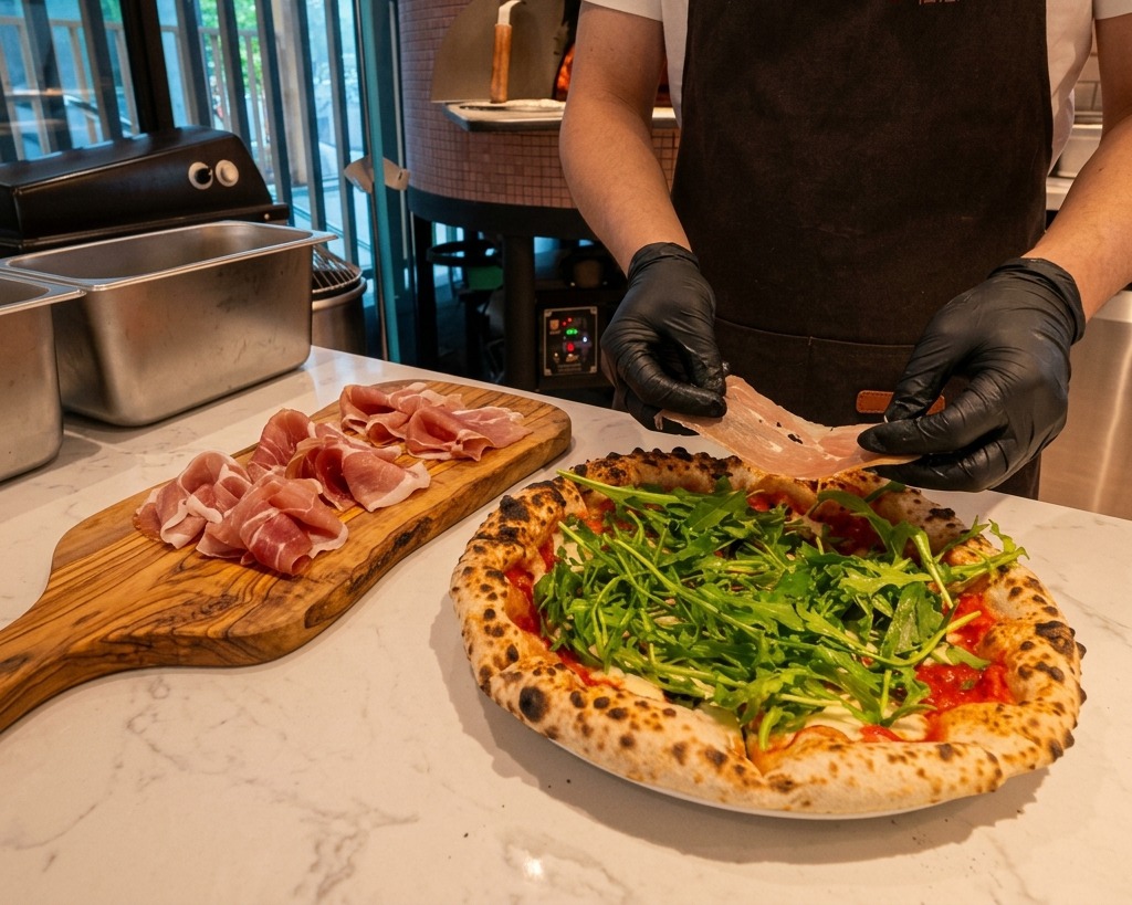 Uno chef che adagia sottili fette di prosciutto crudo su un letto di rucola fresca sopra una pizza calda cotta nel forno a legna.